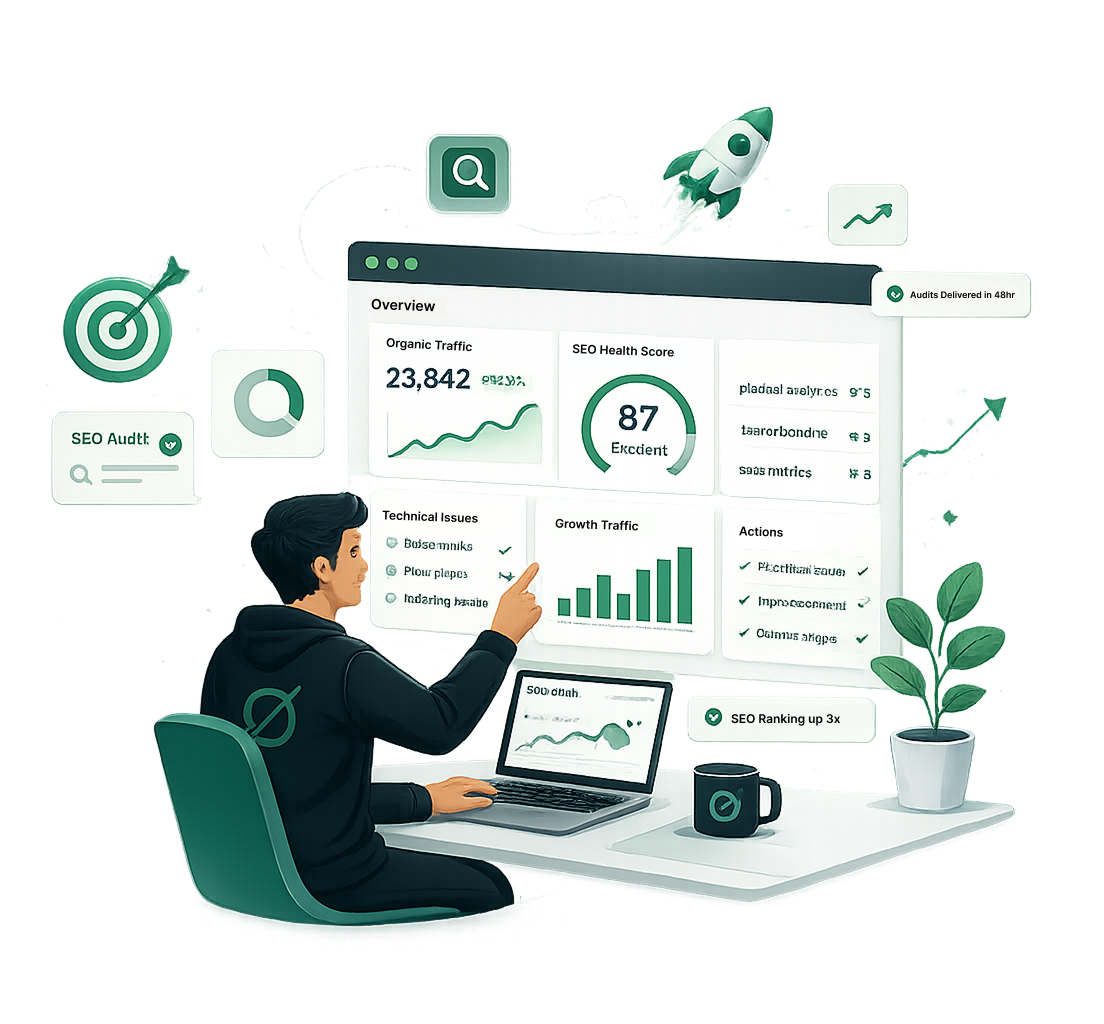 Growth audit dashboard showing SEO health score and organic traffic metrics